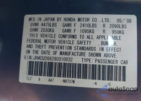 2009 Acura Tsx из США, поврежденный, VIN JH4CU26629C010032